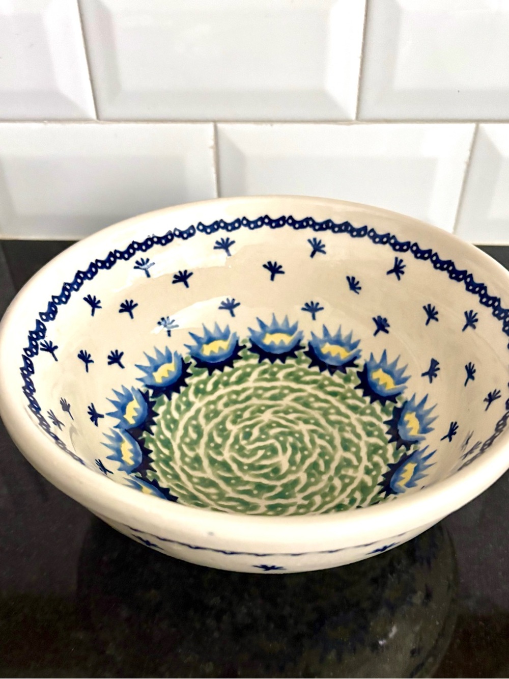 Polish Pottery Hand-Painted Ceramic bowl in Blue/White with green accents
